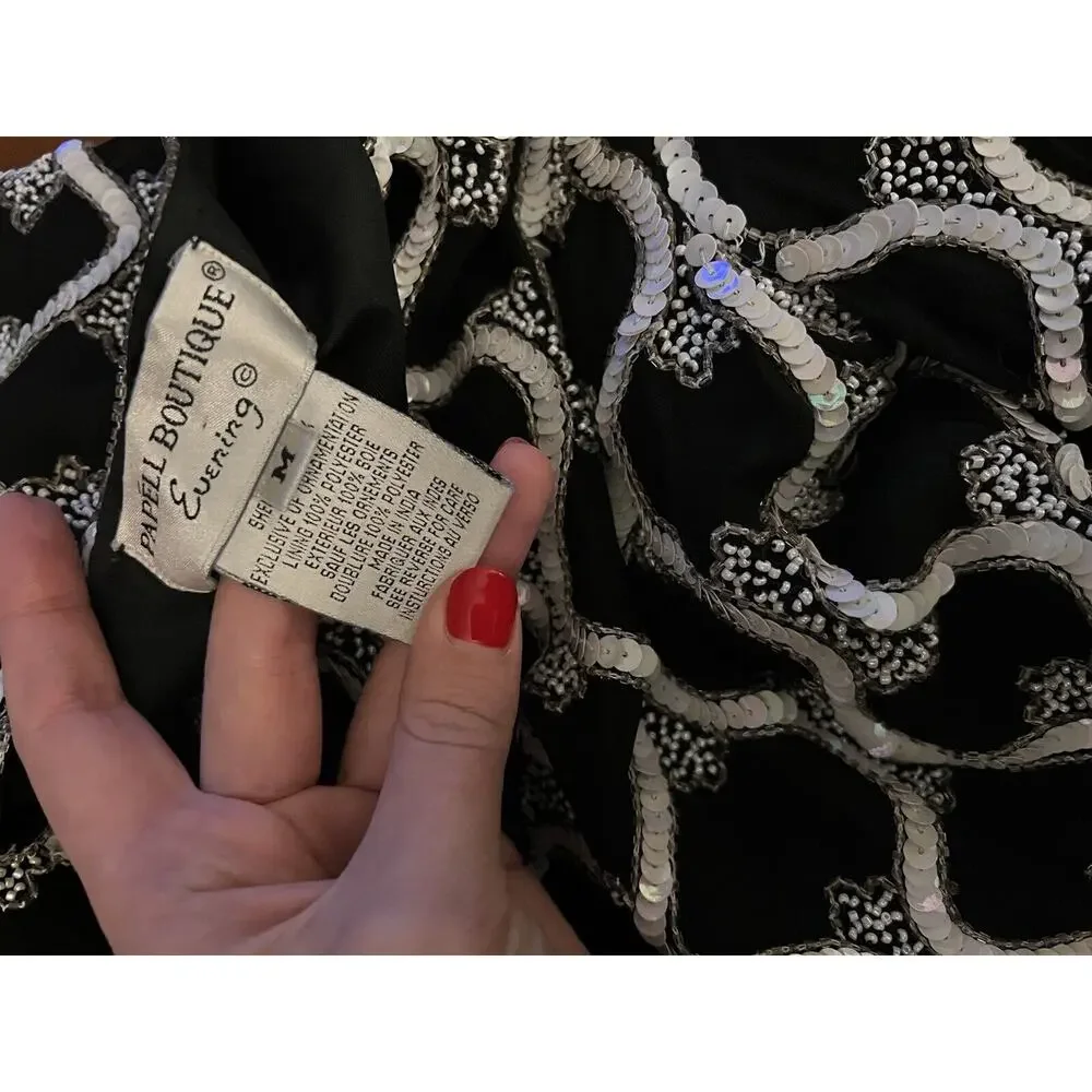 Papell Boutique Evening Silk Sequin Beaded Black White Jacket Medium
